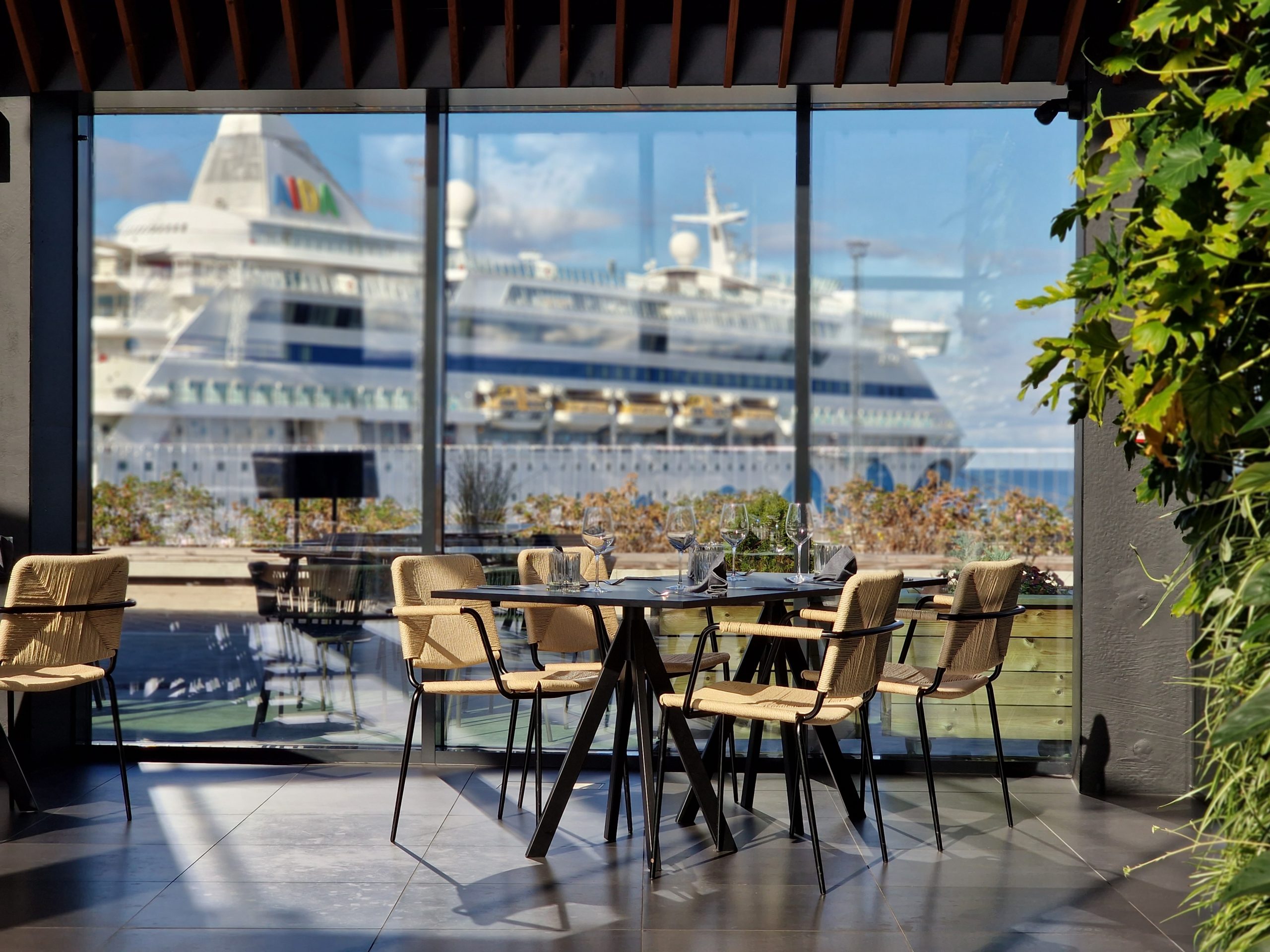 Restaurant with a port view