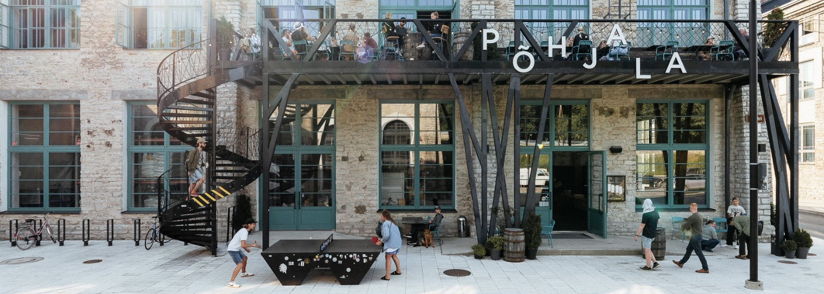 Exterior of Põhjala Brewery in a renovated limestone building in Noblessner, Tallinn